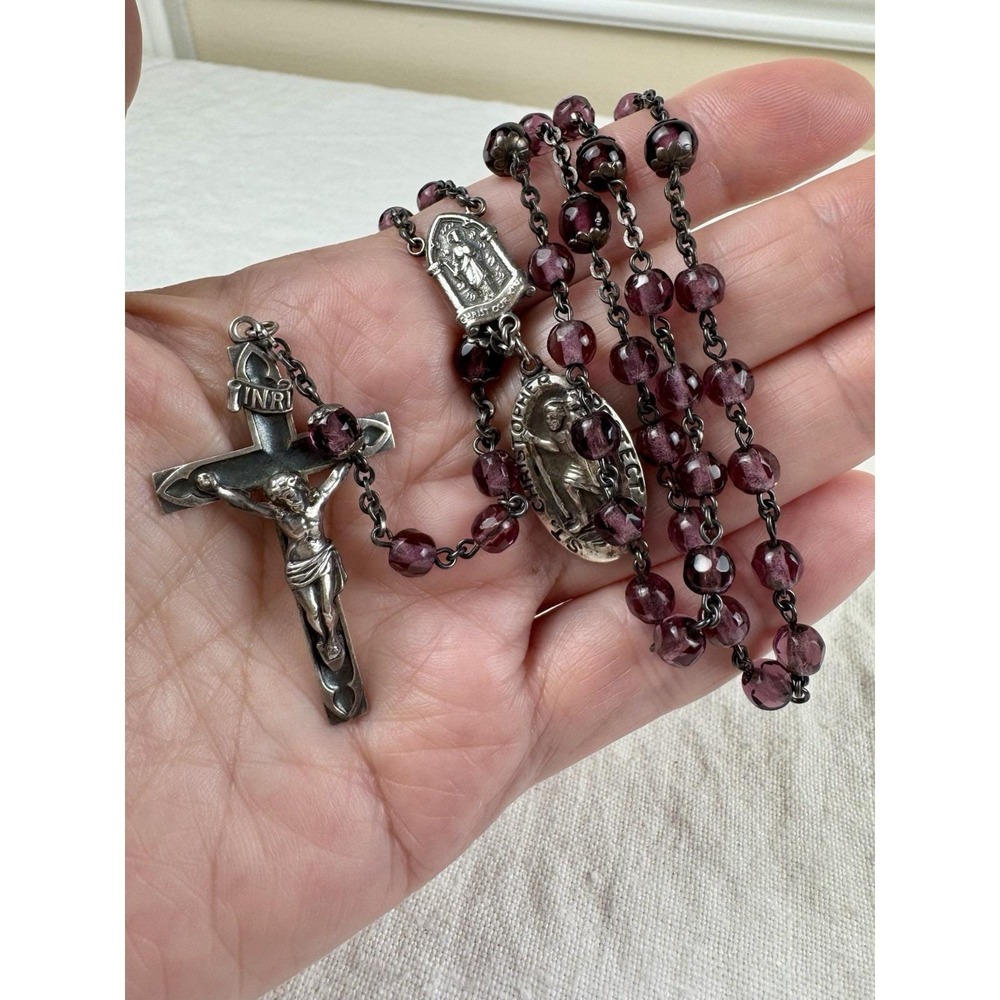 Vintage Sterling Silver Purple Faceted Glass Bead Rosary St Christopher Medal